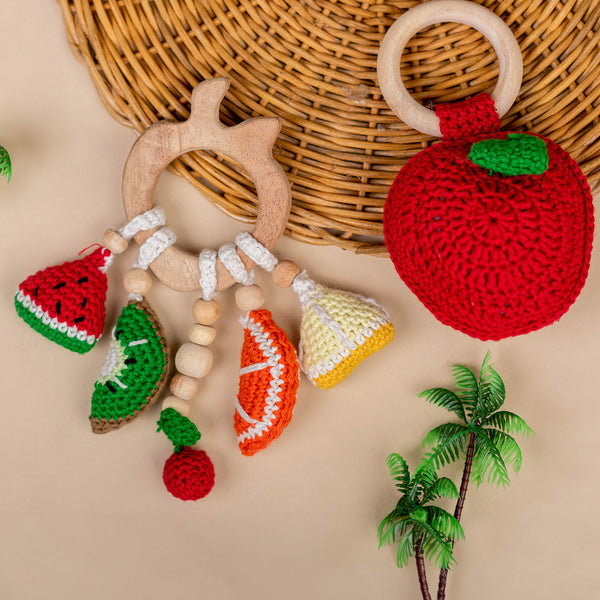 Wooden Baby Teether | Cotton Crochet | Fruits Design | Red & Green