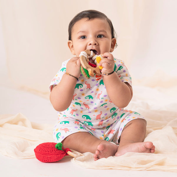 Wooden Baby Teether | Cotton Crochet | Fruits Design | Red & Green