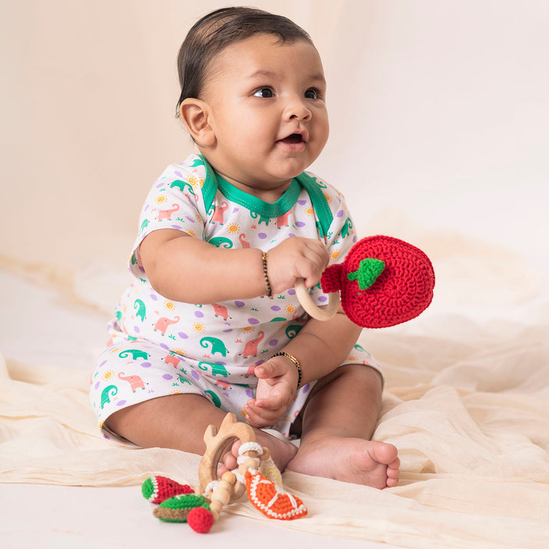 Wooden Baby Teether | Cotton Crochet | Fruits Design | Red & Green