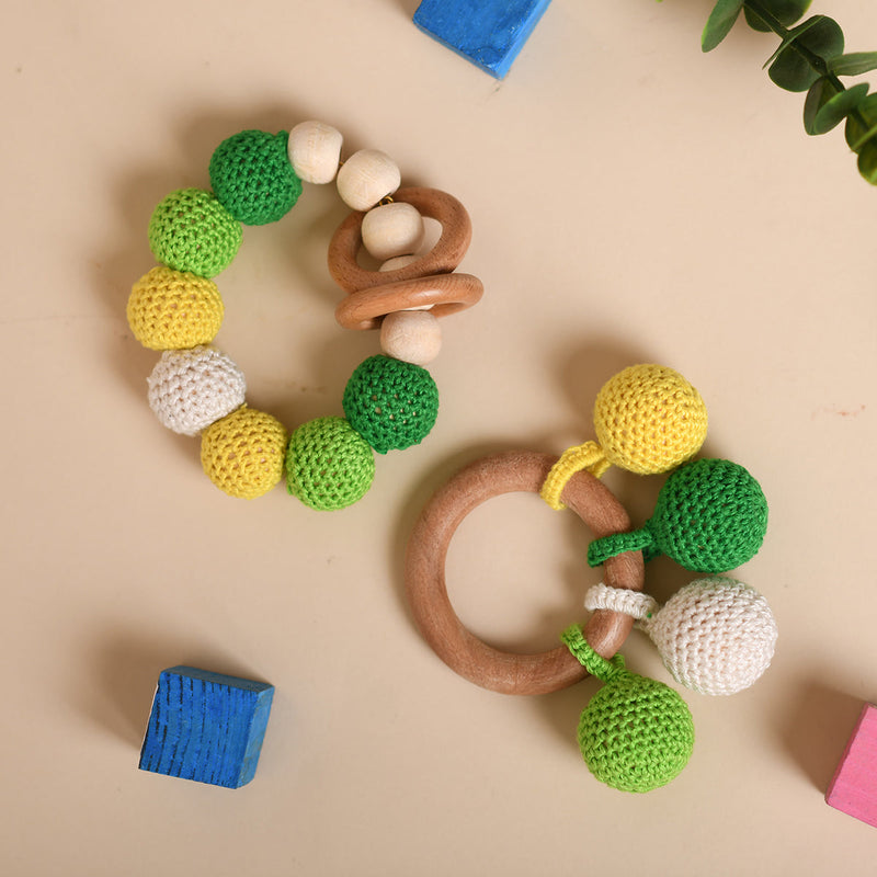 Wooden Baby Teether | Cotton Crochet | Balls Design | Green & Yellow