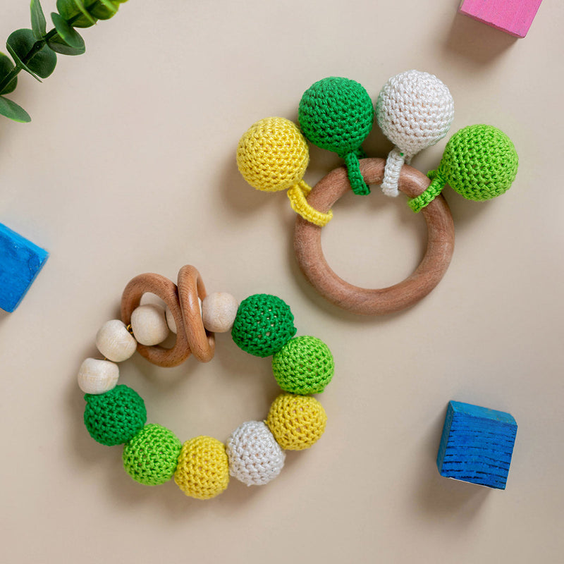 Wooden Baby Teether | Cotton Crochet | Balls Design | Green & Yellow