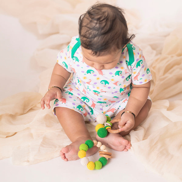 Wooden Baby Teether | Cotton Crochet | Balls Design | Green & Yellow