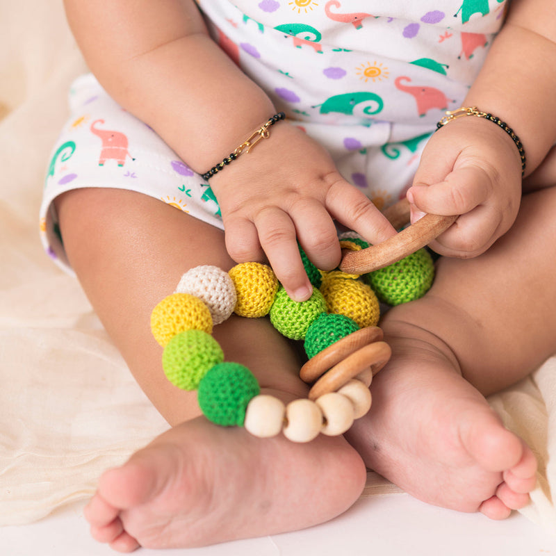 Wooden Baby Teether | Cotton Crochet | Balls Design | Green & Yellow