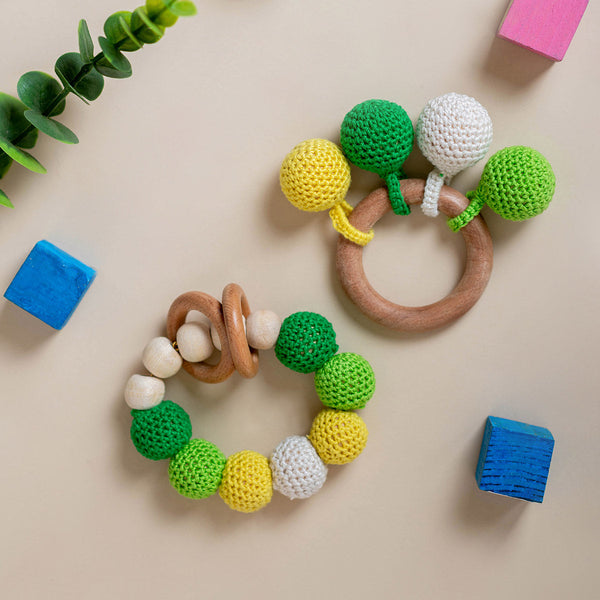Wooden Baby Teether | Cotton Crochet | Balls Design | Green & Yellow