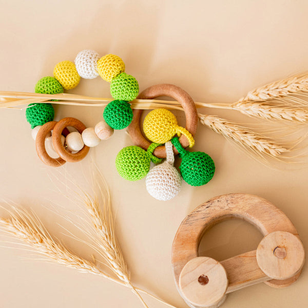 Wooden Baby Teether | Cotton Crochet | Balls Design | Yellow & Green