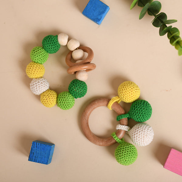 Wooden Baby Teether | Cotton Crochet | Balls Design | Yellow & Green