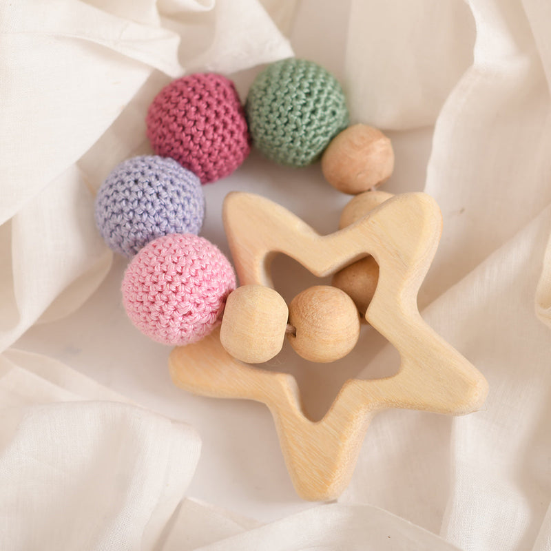 Wooden Baby Teether | Cotton Crochet | Star Design | Multicolour