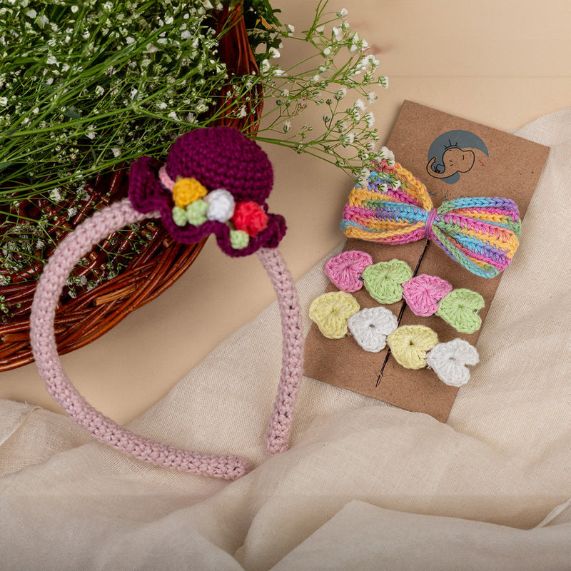 Cotton Hair Accessories for Girls | Hairband & Clips | Heart Design | Multicolour