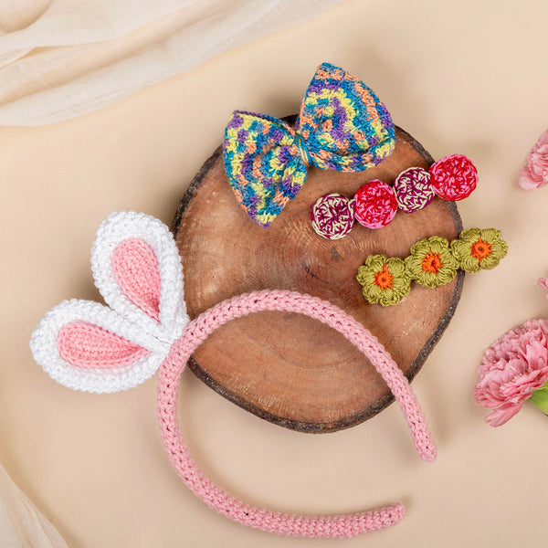 Cotton Hair Accessories for Girls | Hairband & Clips | Floral & Bunny Design | Multicolour