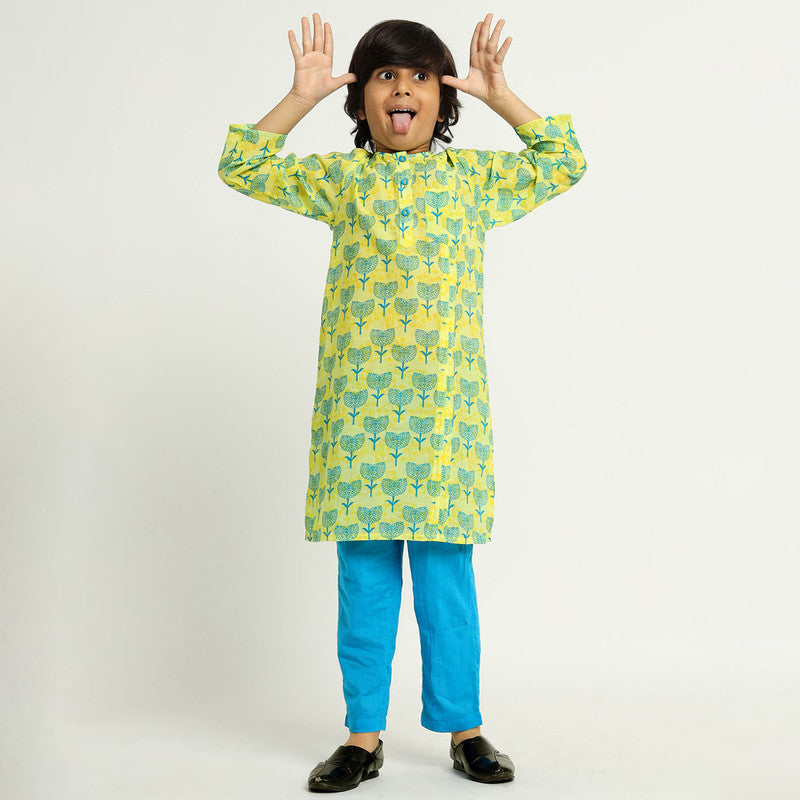 Cotton Kurta Set For Kids | Printed | Blue.