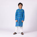 Cotton Peacock Kurta Set For Kids | Mandarin Collar | Blue.