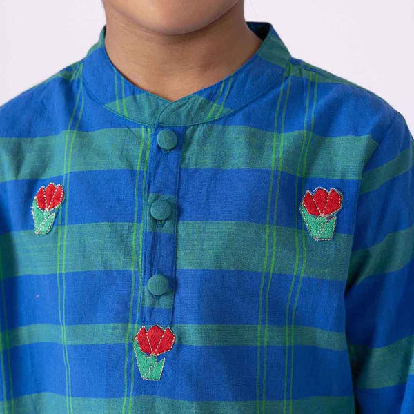 Cotton Peacock Kurta Set For Kids | Mandarin Collar | Blue.