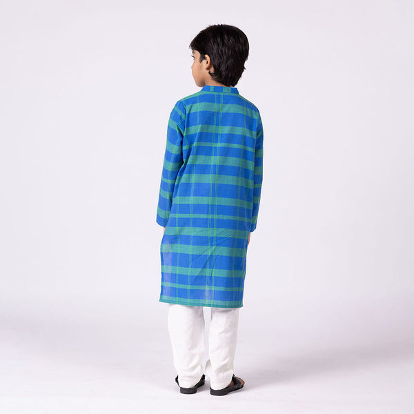 Cotton Peacock Kurta Set For Kids | Mandarin Collar | Blue.