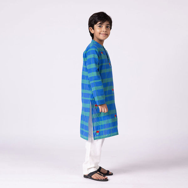 Cotton Peacock Kurta Set For Kids | Mandarin Collar | Blue.