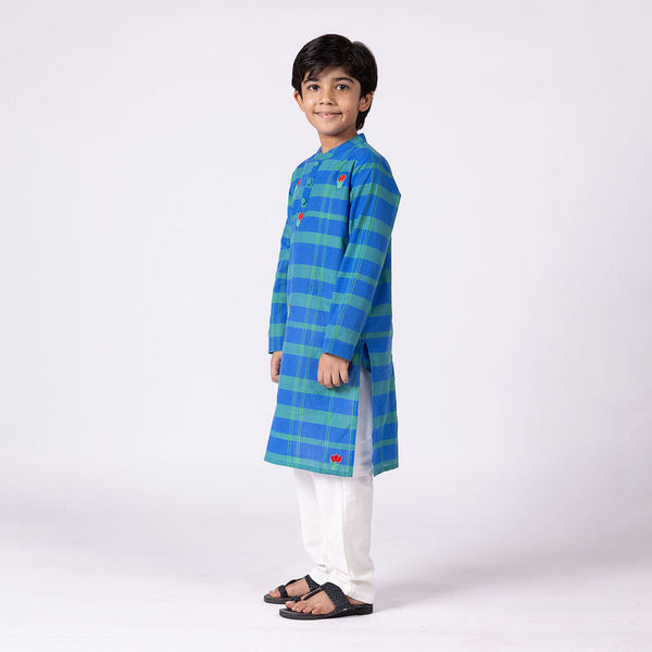 Cotton Peacock Kurta Set For Kids | Mandarin Collar | Blue.