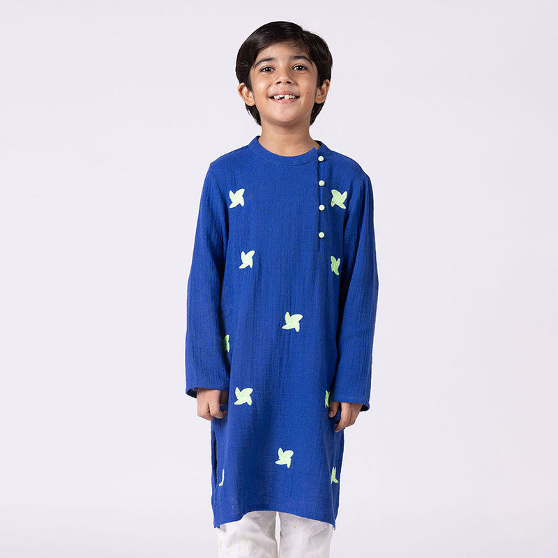 Cotton Kurta For Kids | Daffodil | Embroidery | Blue.