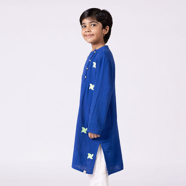 Cotton Kurta For Kids | Daffodil | Embroidery | Blue.