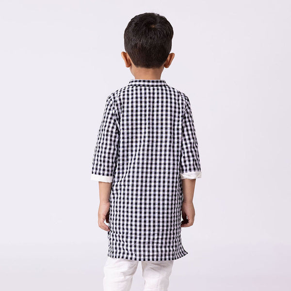 Cotton Kurta For Kids | Gingham | Mandarin Collar | Black