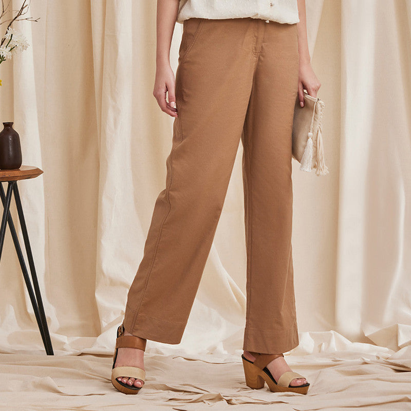 Organic Cotton Trousers for Women | Straight Cut | Camel Brown