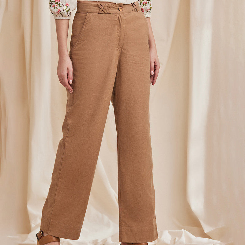 Organic Cotton Trousers for Women | Straight Cut | Camel Brown