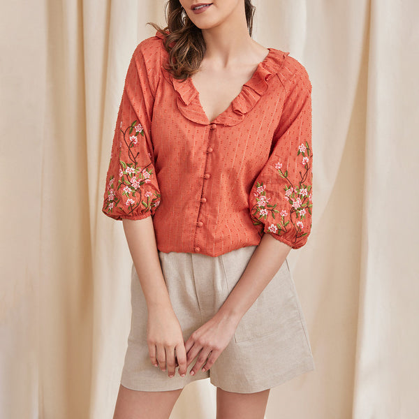 Organic Cotton Women Top | Embroidered | Orange