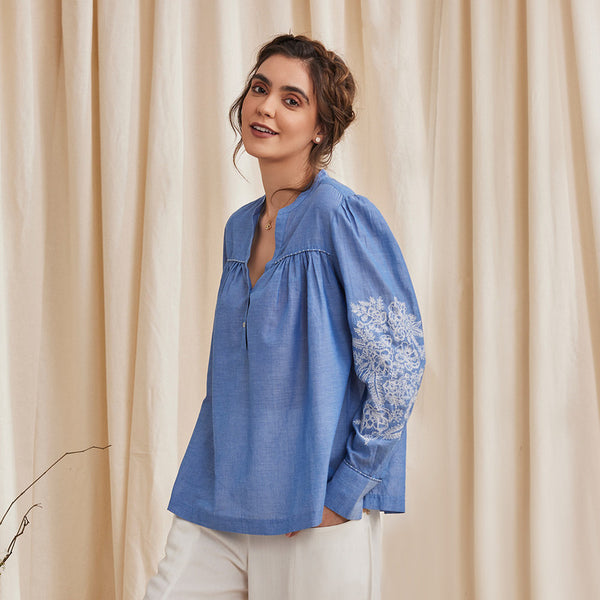 Organic Cotton Top for Women | Embroidered | Blue