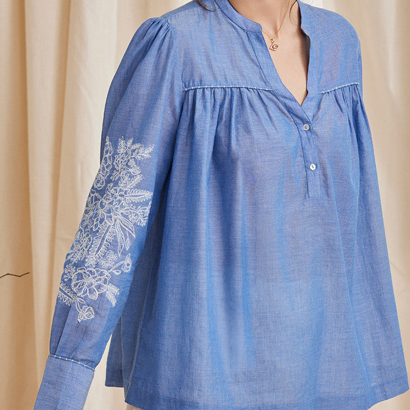 Organic Cotton Top for Women | Embroidered | Blue