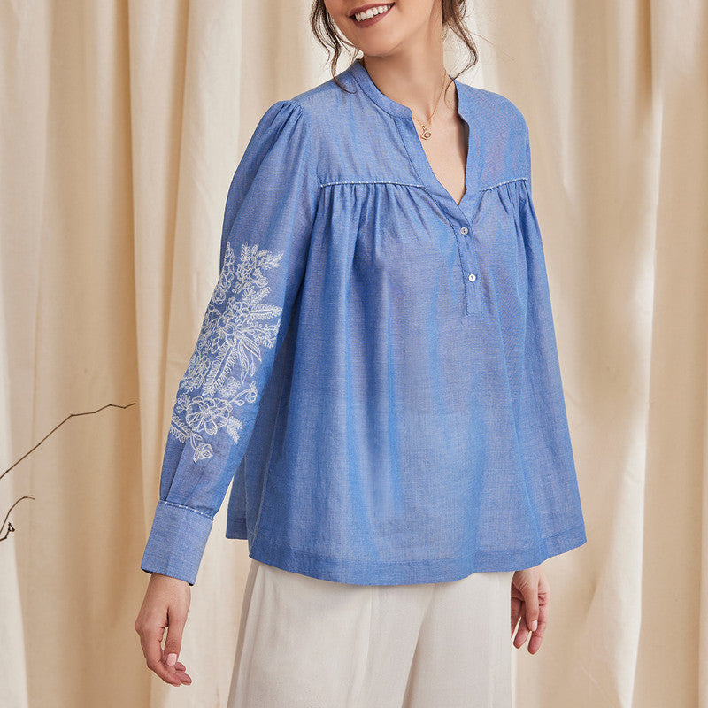 Organic Cotton Top for Women | Embroidered | Blue