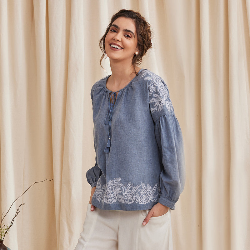 Women Organic Cotton Top | Embroidered | Blue