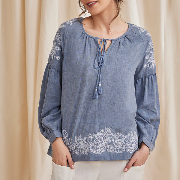 Women Organic Cotton Top | Embroidered | Blue