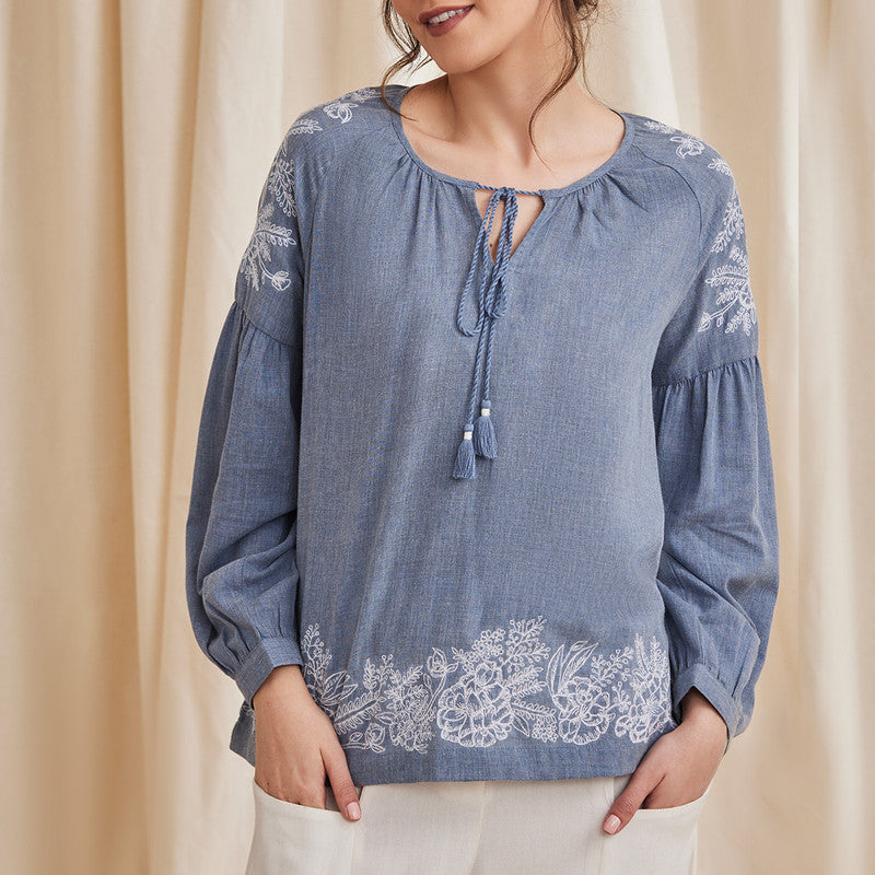 Women Organic Cotton Top | Embroidered | Blue