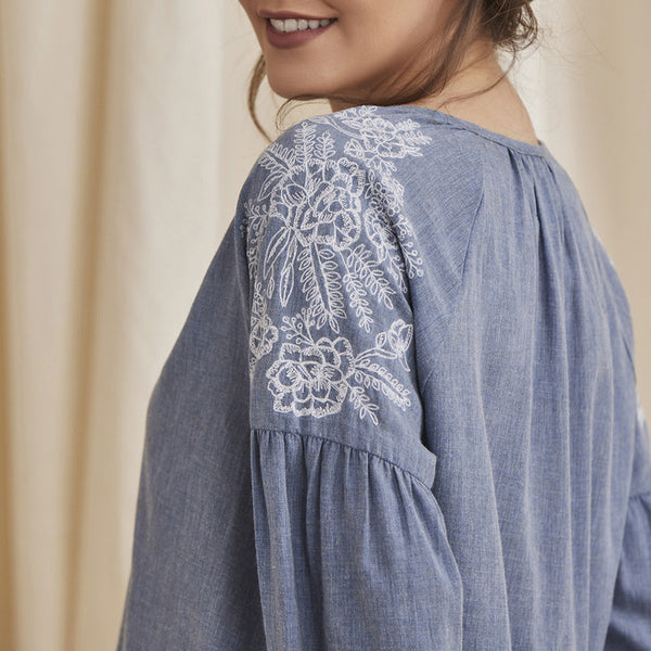 Women Organic Cotton Top | Embroidered | Blue