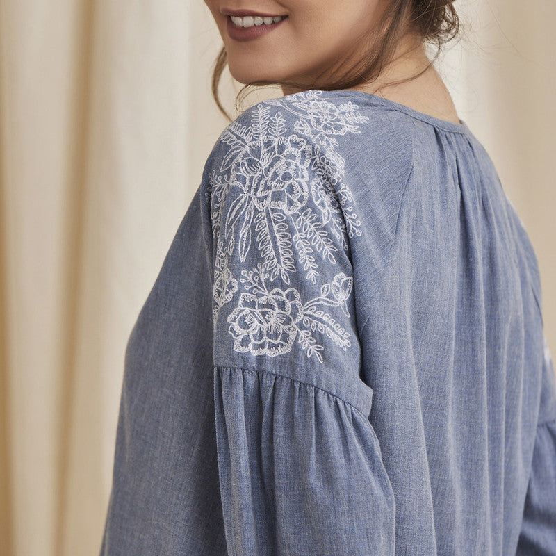 Women Organic Cotton Top | Embroidered | Blue