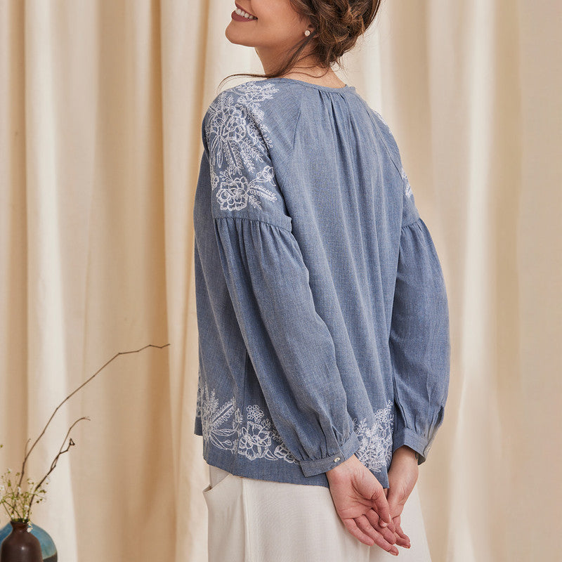 Women Organic Cotton Top | Embroidered | Blue