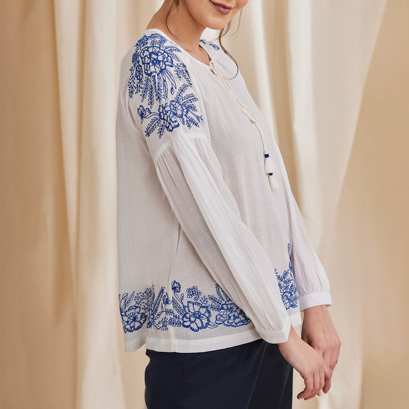 Women Organic Cotton Top | Embroidered | White