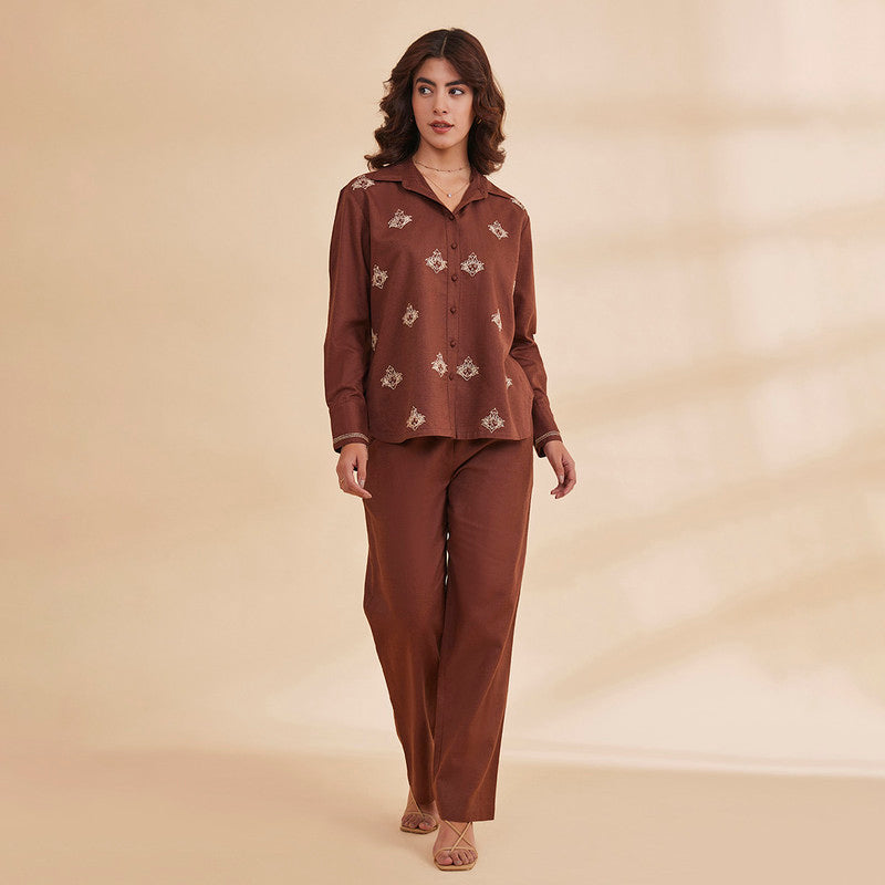 Organic Cotton Embroidered Shirt for Women | Brown
