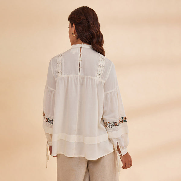 Bamboo Silk Embroidered Top for Women | Ecru | Full Sleeves