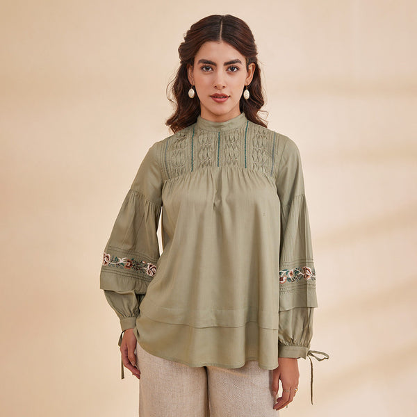 Bamboo Silk Embroidered Top for Women | Sage Green | Full Sleeves