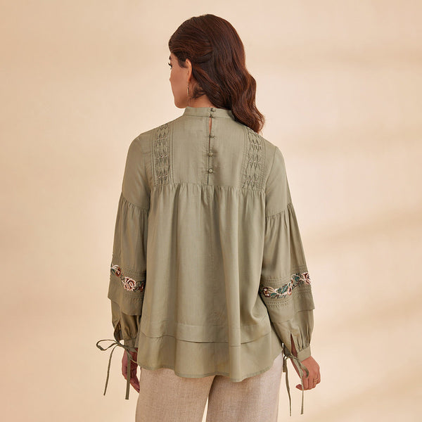 Bamboo Silk Embroidered Top for Women | Sage Green | Full Sleeves