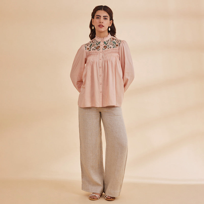 Embroidered Peach Shirt for Women | Bamboo Bemberg | Full Sleeves