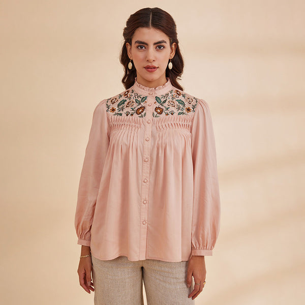 Embroidered Peach Shirt for Women | Bamboo Bemberg | Full Sleeves