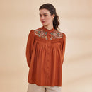 Embroidered Shirt for Women | Bamboo Bemberg | Rust | Full Sleeves