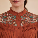 Embroidered Shirt for Women | Bamboo Bemberg | Rust | Full Sleeves