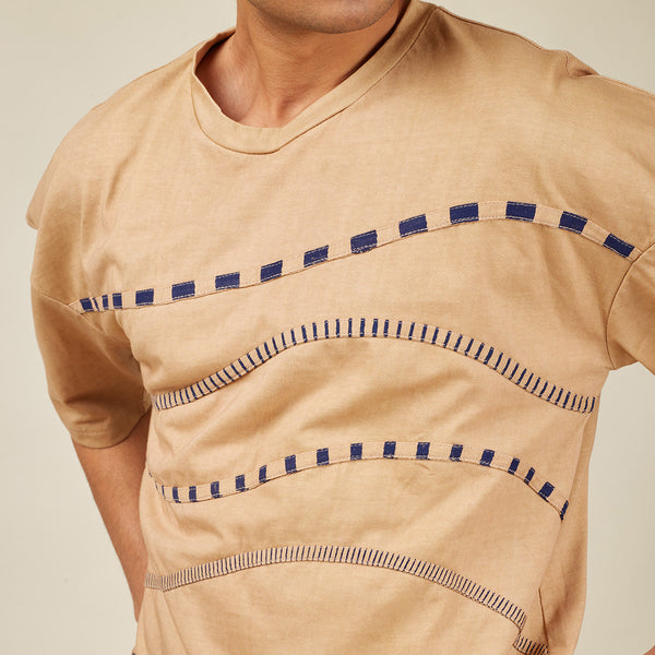 Beige T-Shirt for Men | Cotton Knit | 3D Wave Geometric Pattern