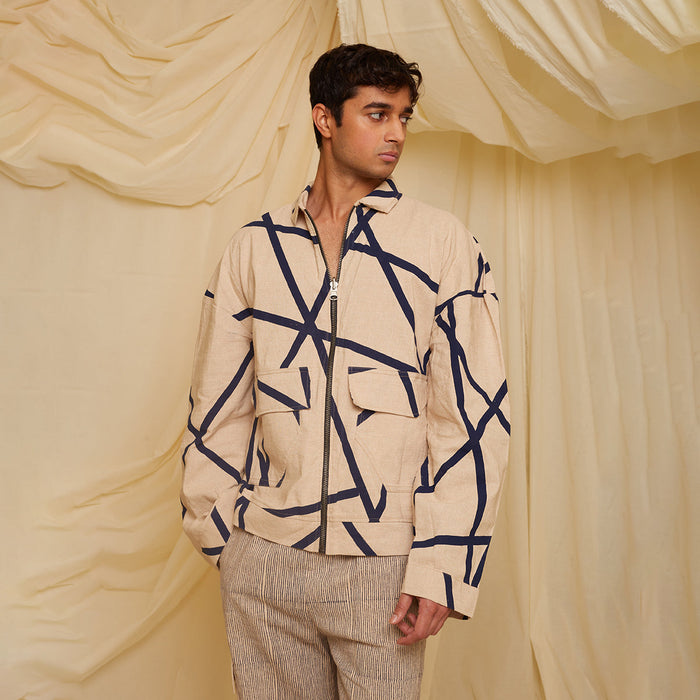 Cotton Chambray Jacket for Men | Hand-Block Printed | Beige