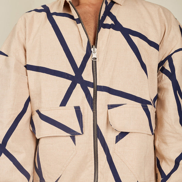 Cotton Chambray Jacket for Men | Hand-Block Printed | Beige
