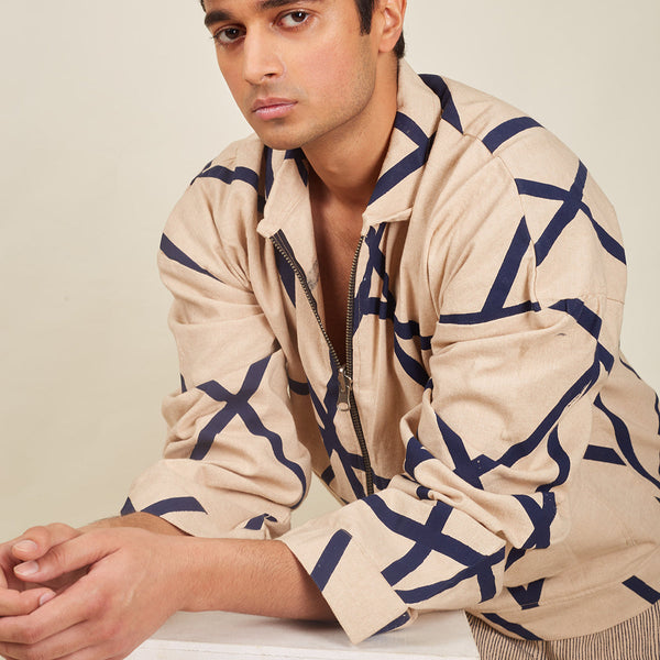 Cotton Chambray Jacket for Men | Hand-Block Printed | Beige