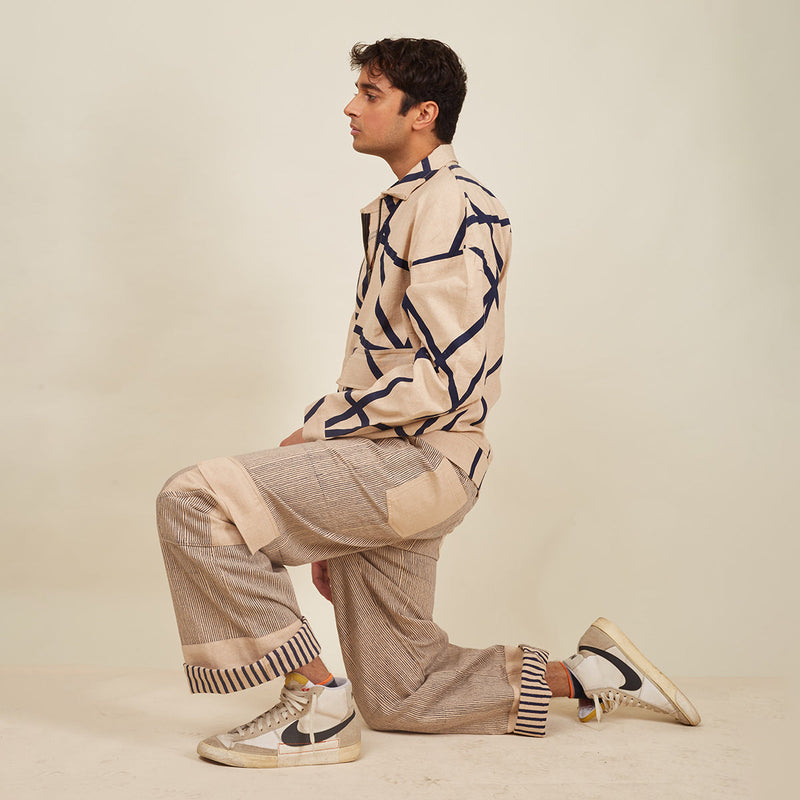 Cotton Pants for Men | Geometric Pattern | Beige