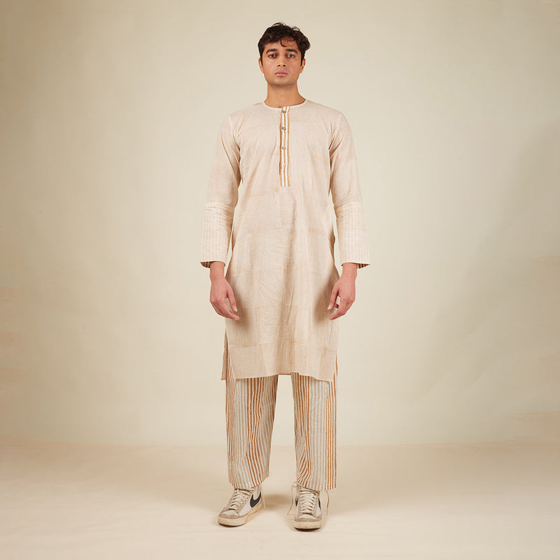 Cotton Kurta Set for Men | Geometric Pattern | Brown & White
