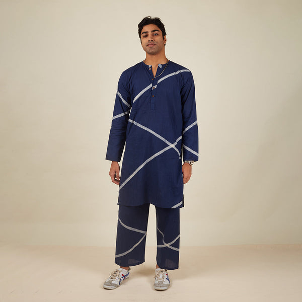 Cotton Kurta Set for Men | Geometric Pattern | Navy Blue